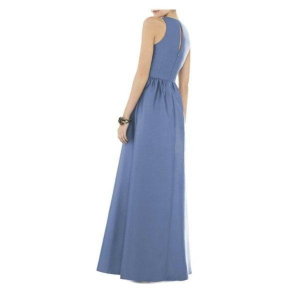ALFRED SUNG Blue Satin Halter Jewel Neck Gown - Picture 4 of 8